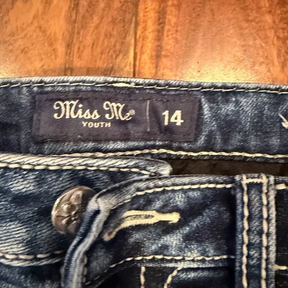 Miss Me Denim Blue girl Shorts size 14 adjustable waist cheetah print sequins - Picture 2 of 3